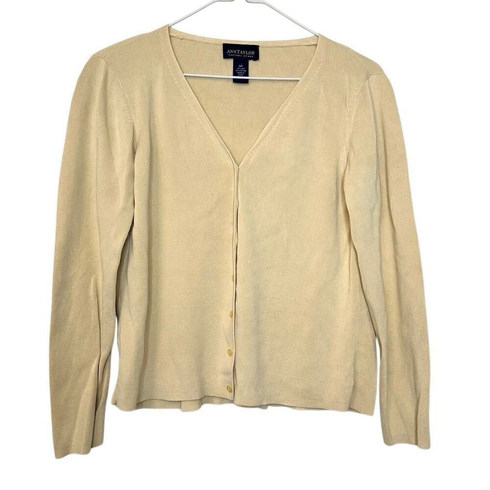 Ann Taylor Button Front Long Sleeve V-neck Silk Blend Cardigan Tan Medium Petite